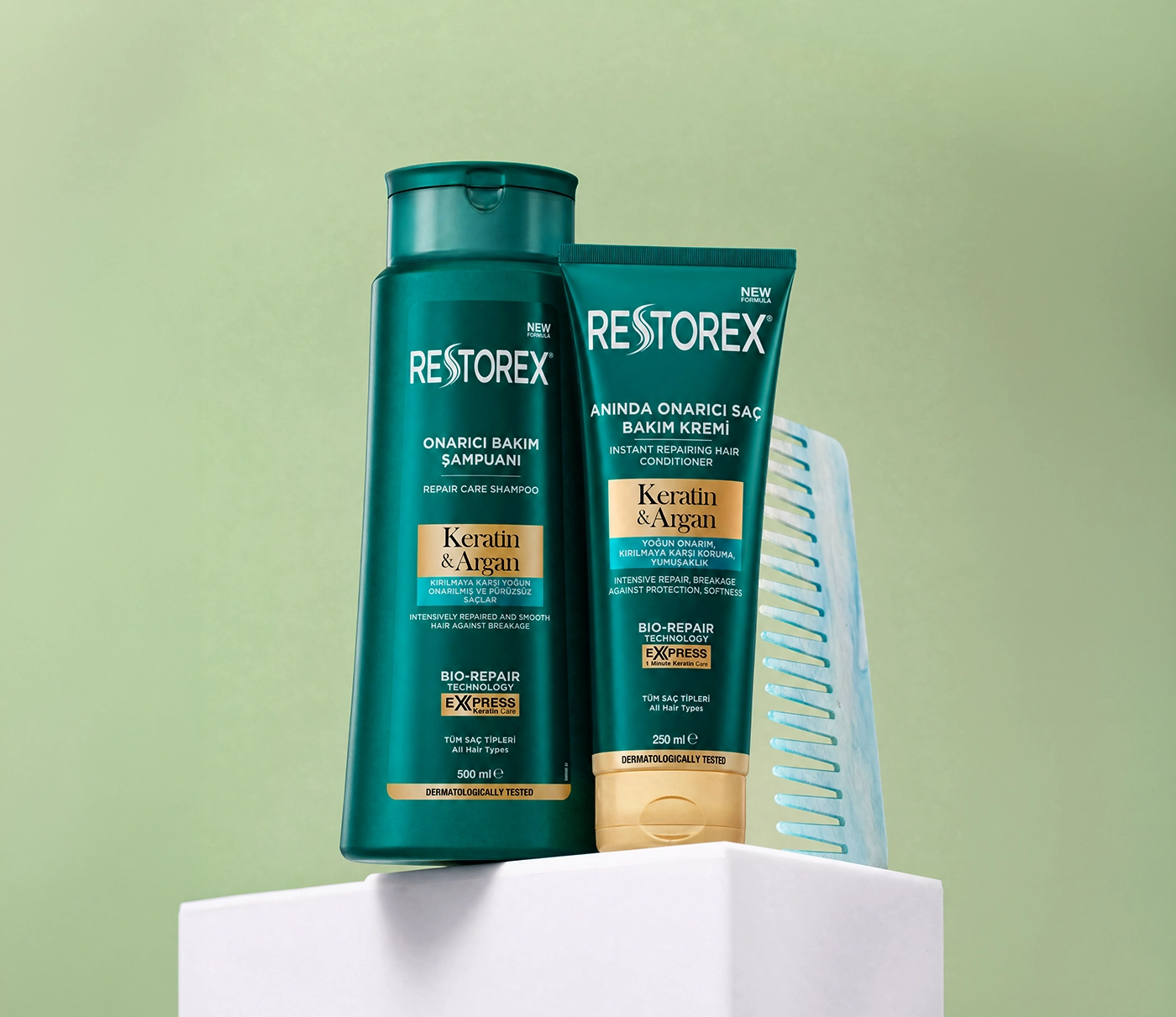 Restorex Keratin & Argan onarıcı bakım şampuanı 500 ml şişe ve 250 ml bakım kremi